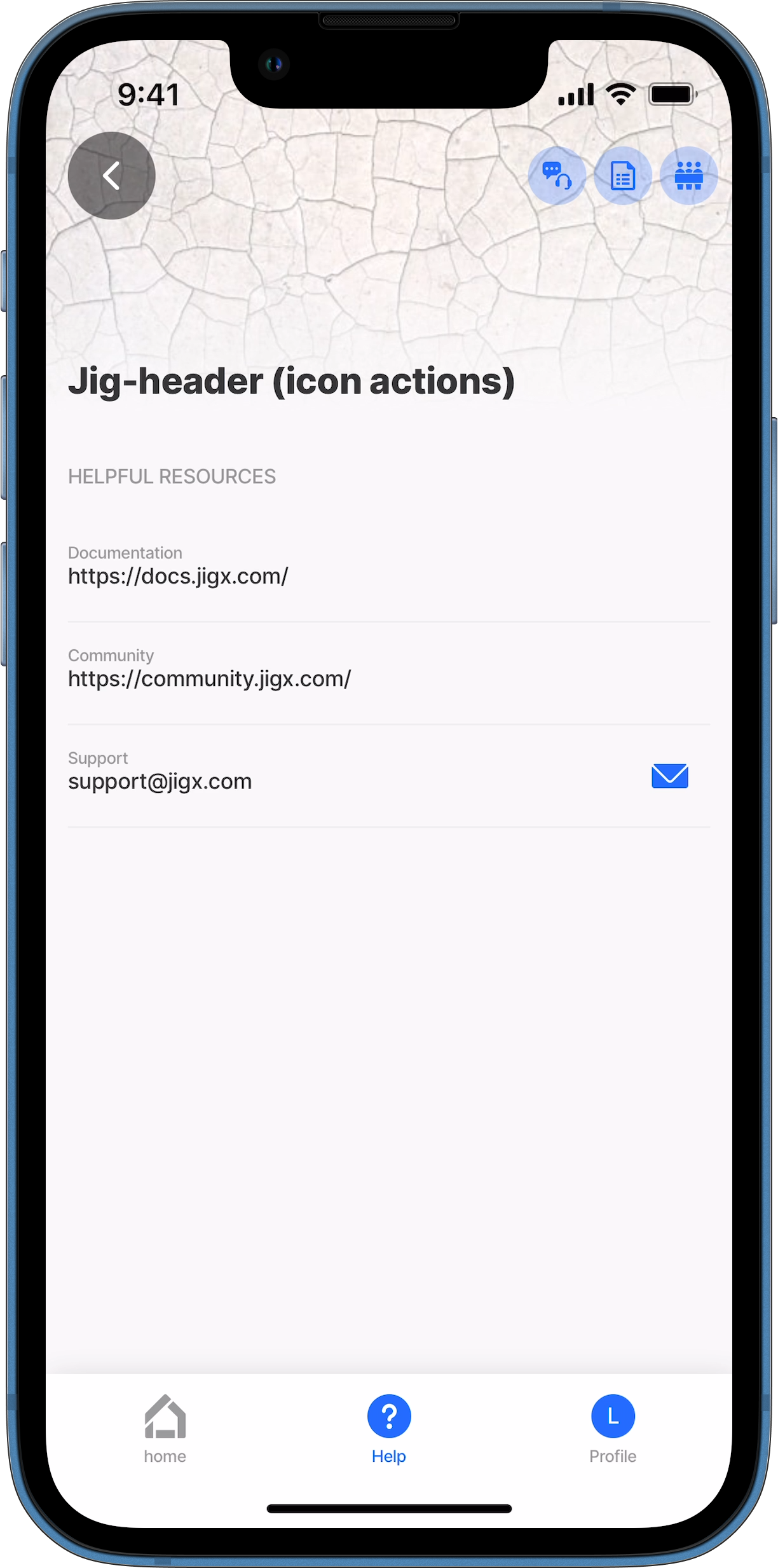 Jig header with icon actions