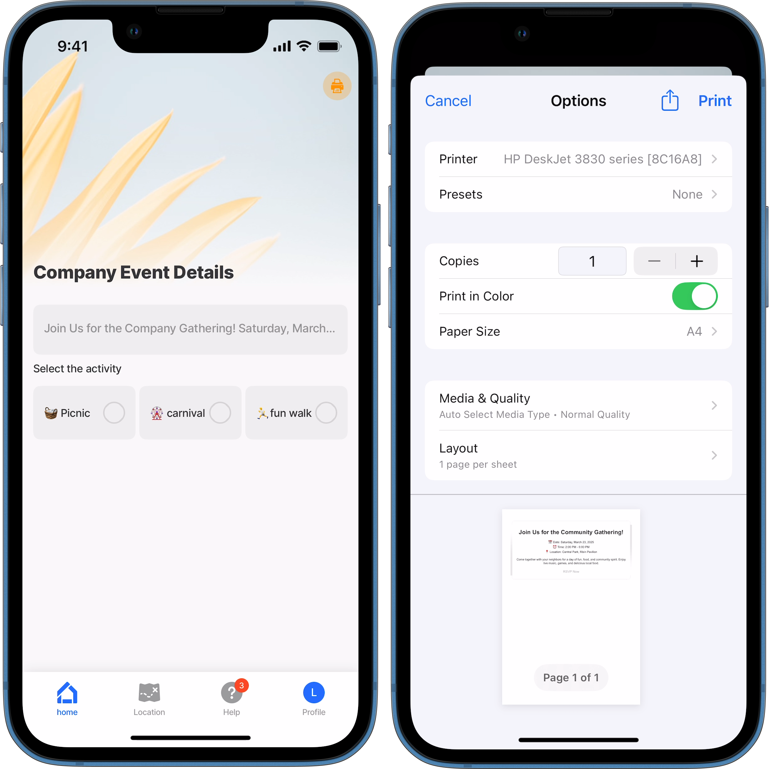 Print from the header